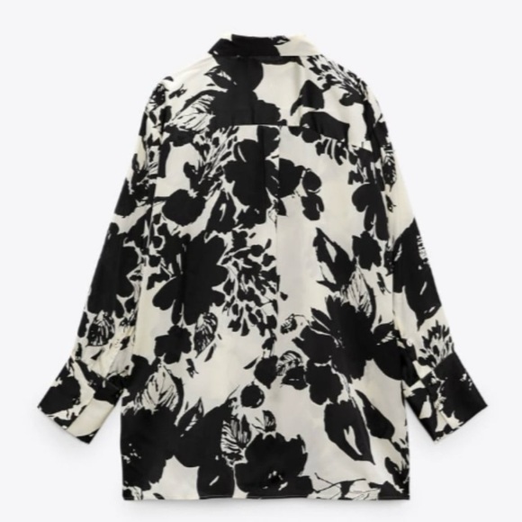 Zara Floral Print Button Down Silk Shirt in Ecru / Black Size M - Picture 15 of 16